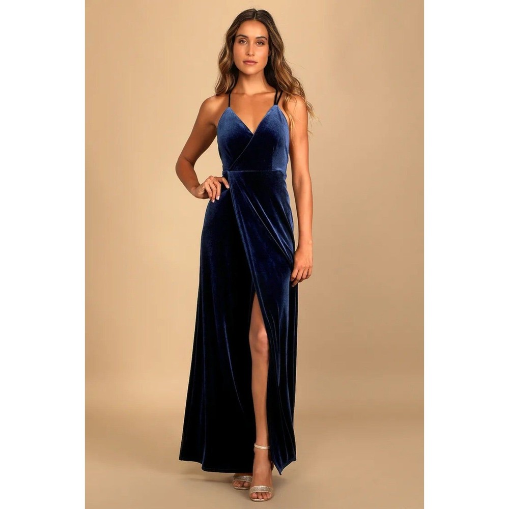 NWOT size M Lulus Whimsical Romance Dark Blue Velvet Faux-Wrap Maxi DressCD673LK
